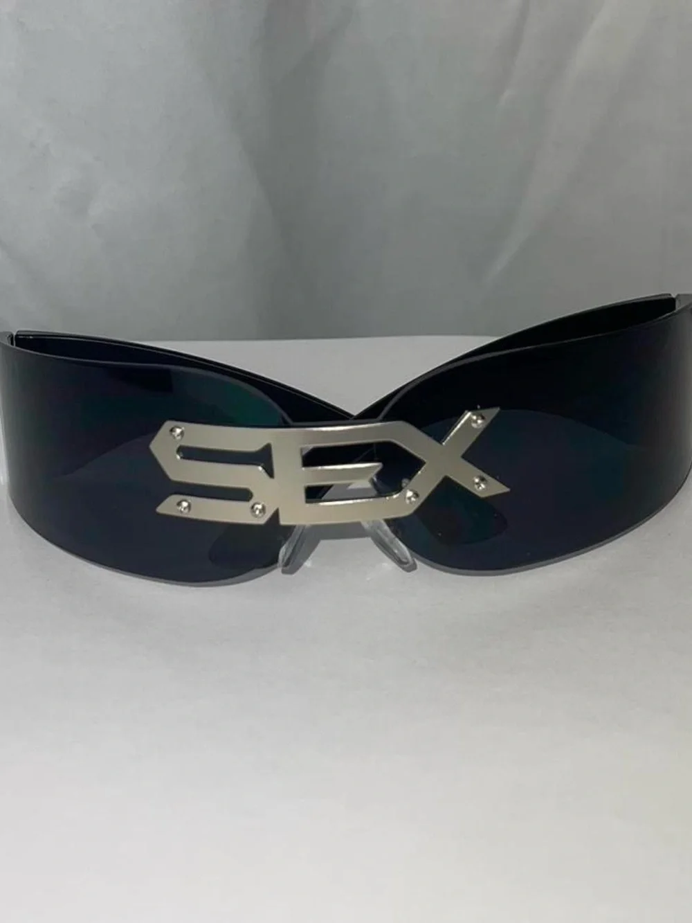 Sunglasses Shield Visor with Metal 'SEX' Logo - Black
